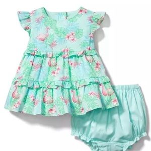 Janie & Jack Baby Girl Pink & Green Two Piece Flamingo Set Size 3-6 Months